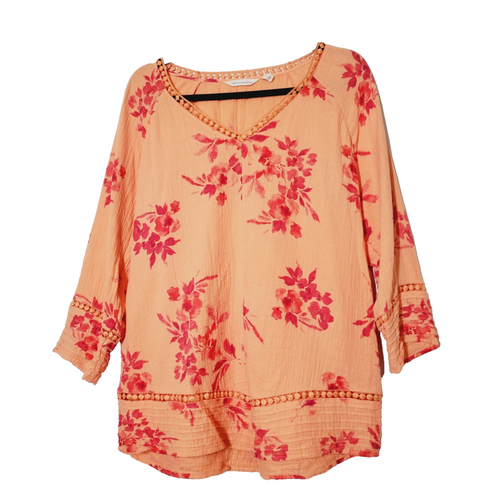 Soft Surroundings Womens Large Tunic Top 100% Cotton Gauze Floral Orange Crochet